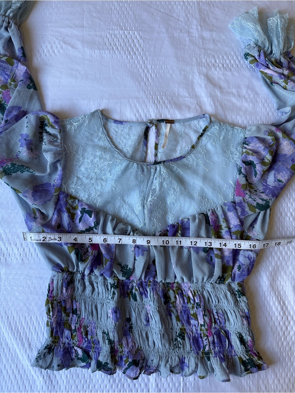 Free People Sheer Lace-Yoke Smocked Floral Blouse in Light Blue - Picture 6 of 11